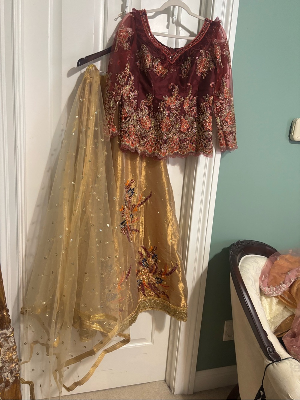 Gold long Lehenga with Matching blouse & Dupetta. Luxurious for wedding. Large